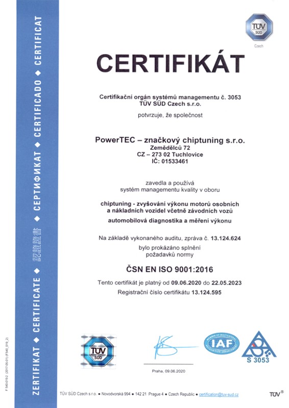 Chiptuning certifikát kvality TUV SUD